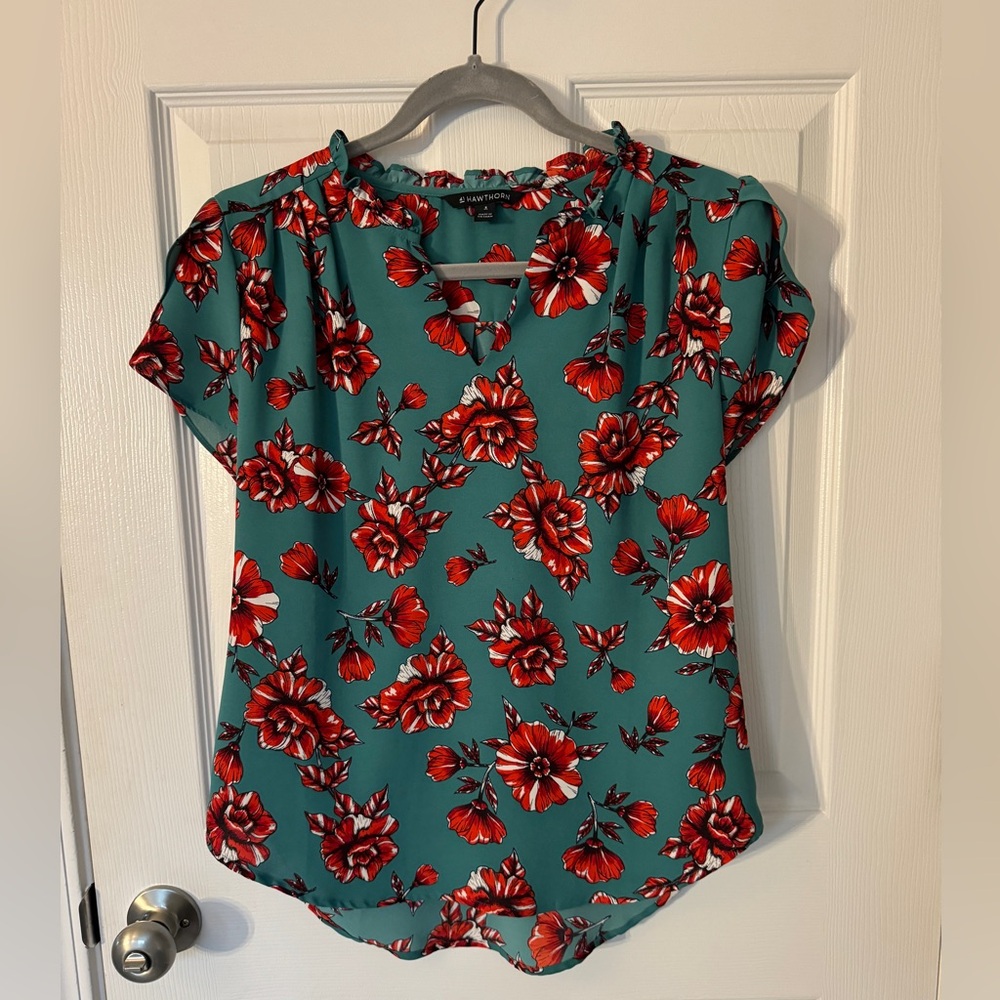 Stitchfix 41 Hawthorn Tiffany Tulip Sleeve Blouse in Teal and Red